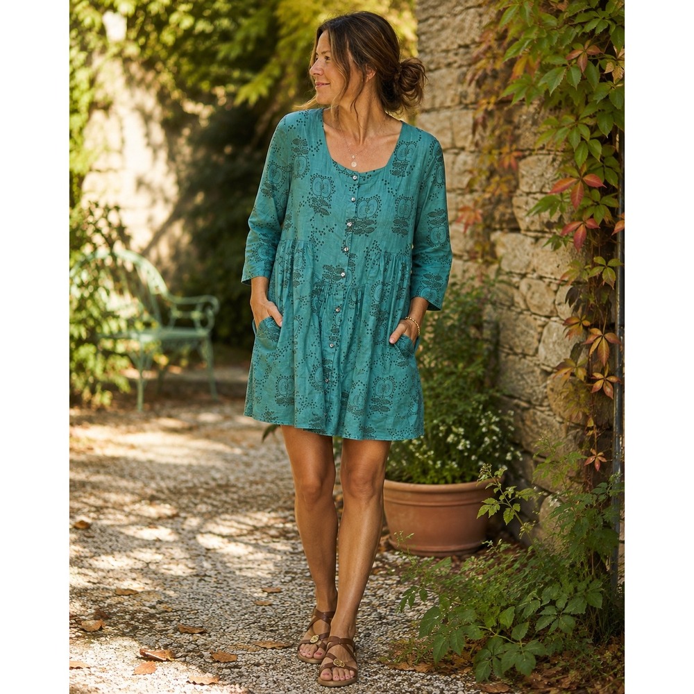 Gudrun Sjoden Dress S Teal Cotton Linen Scandinavian Folk Art Cottagecore Boho
